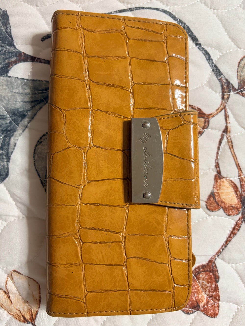 Liz Claiborne Croc-Embossed Mustard Yellow Wallet with Metal Logo Plate